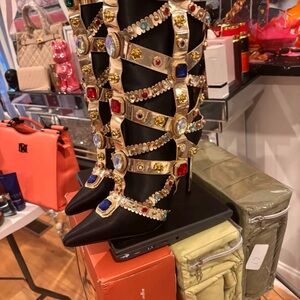 Akira Gold Studded Heeled Boots with Multicolor Gems